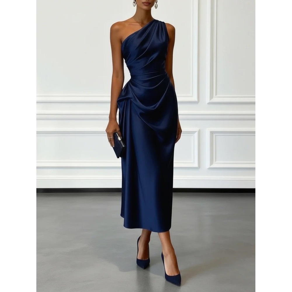 NWT Fehaute Purplish Blue Ruched Satin One Shoulder Sleeveless A-Line Midi Dress
